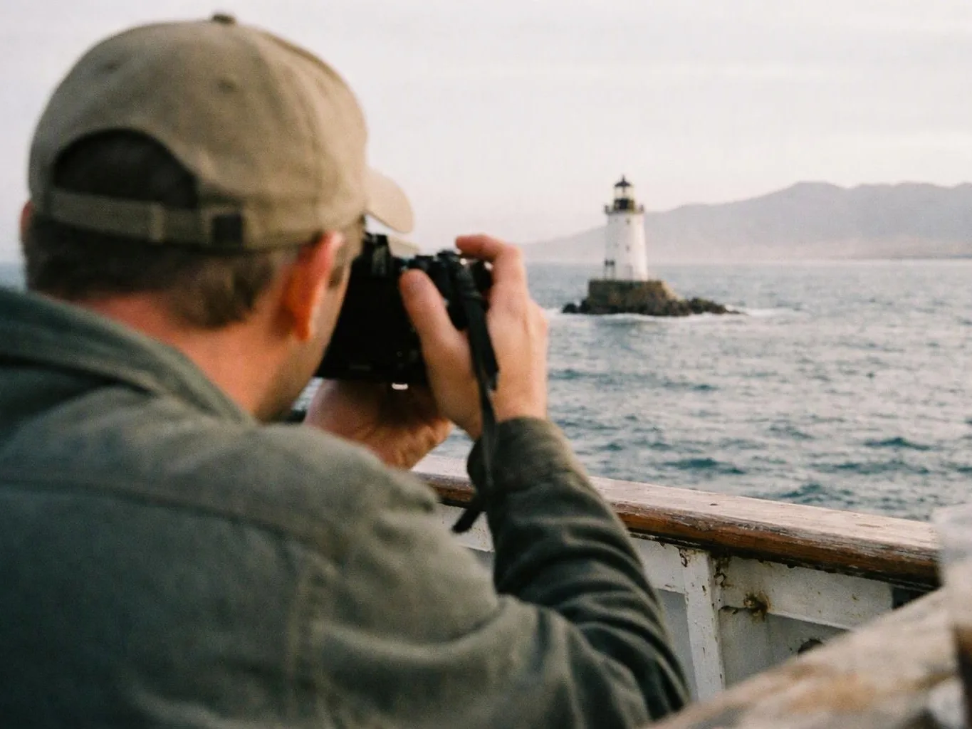 A person on a boat photographs a small lighthouse on a rocky island across the water