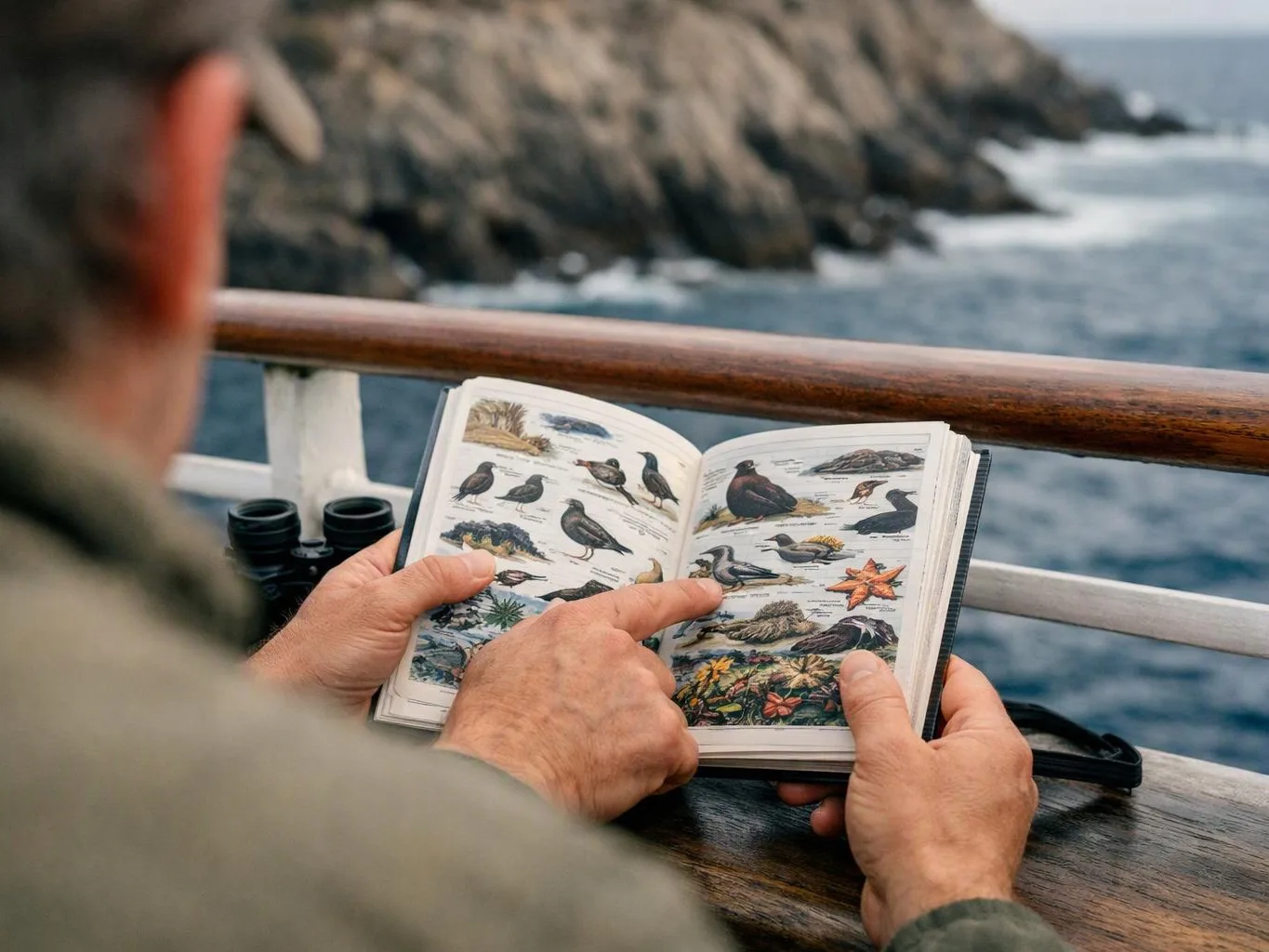 A person on a boat points at bird illustrations in an open book beside the ocean