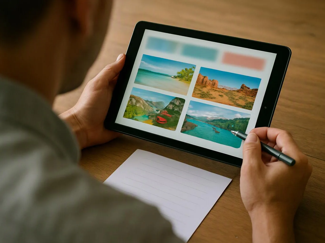 A person holds a tablet showing four landscape photos while writing on a notepad at a wooden table