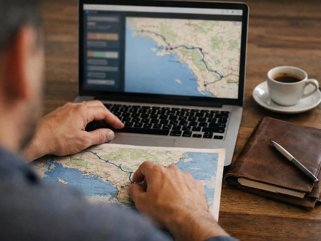 A person plans a route on a laptop while matching it to a paper map on a wooden table