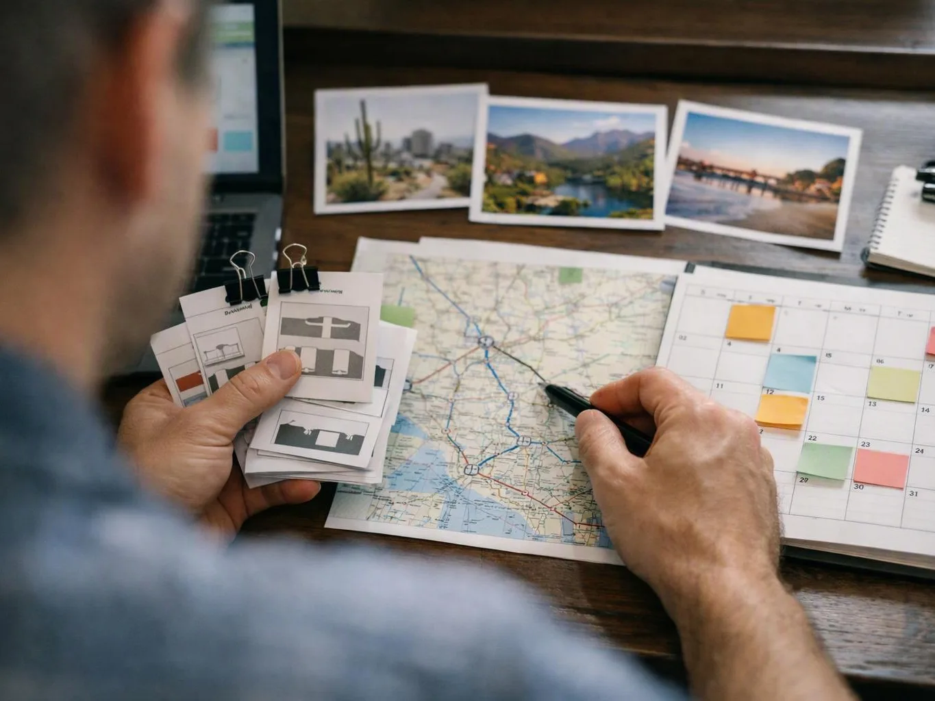 A person plans a trip at a desk, marking a map beside photos, cards, and a calendar