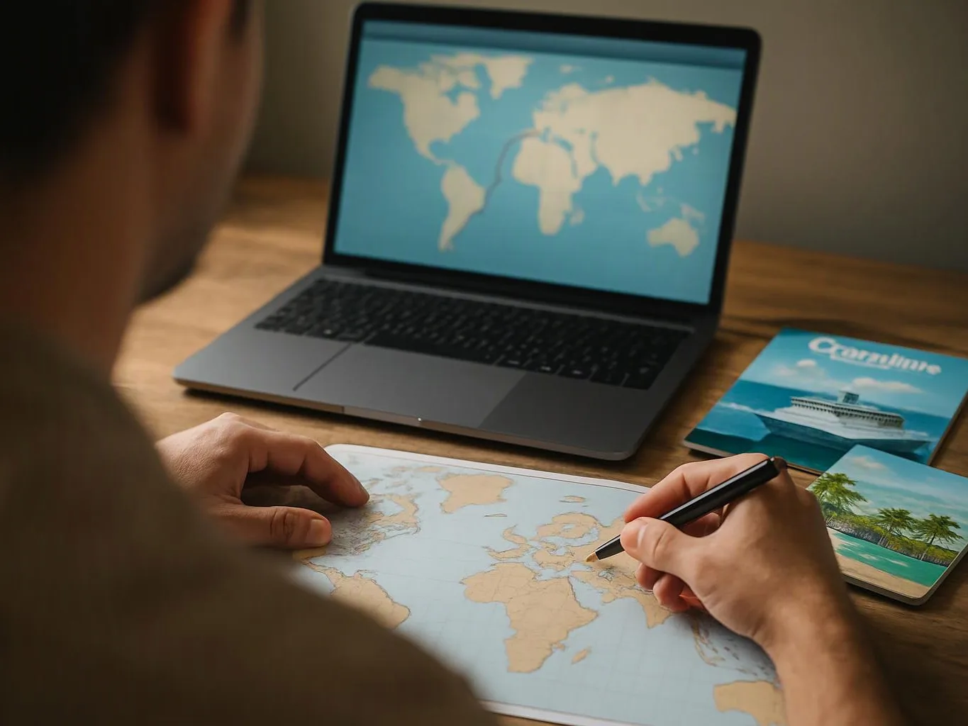 A person studies a world map on a desk beside a laptop and travel brochures