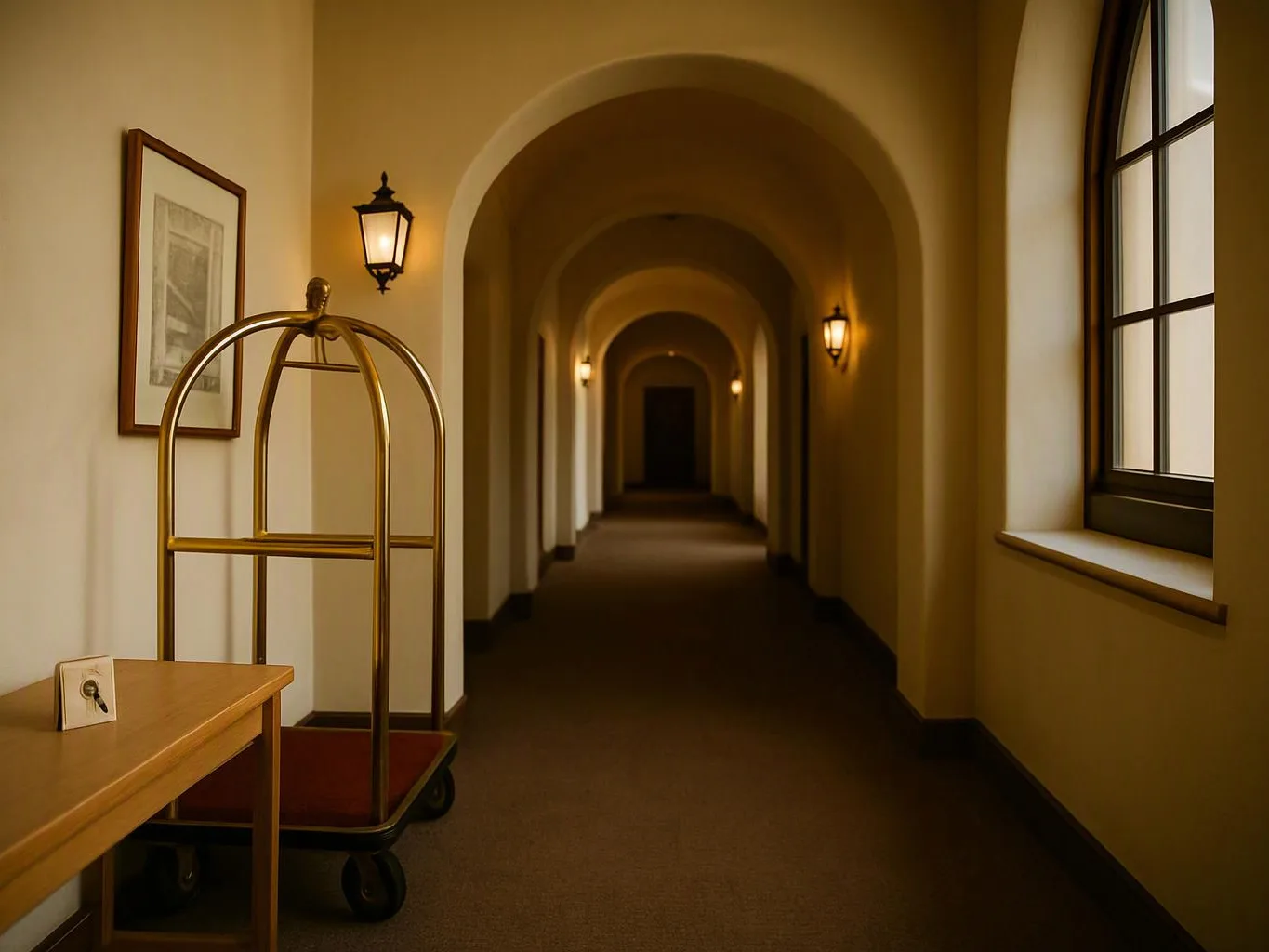 A quiet arched hallway with wall lamps, windows, a luggage cart, and a small table lines the corridor