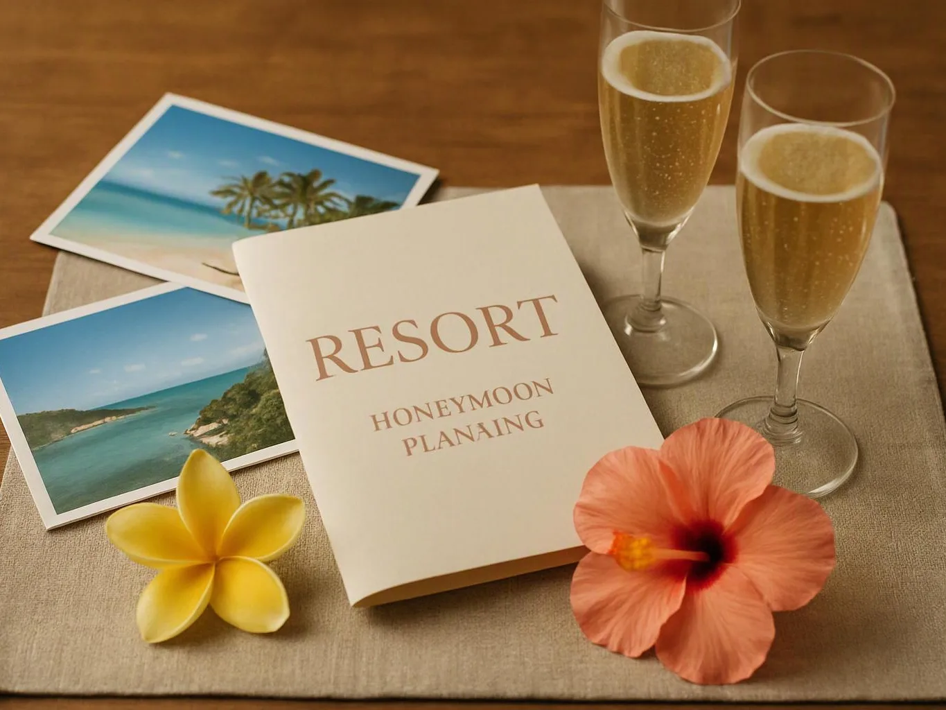 A resort honeymoon planning booklet sits beside champagne flutes, tropical postcards, and bright flowers on a table