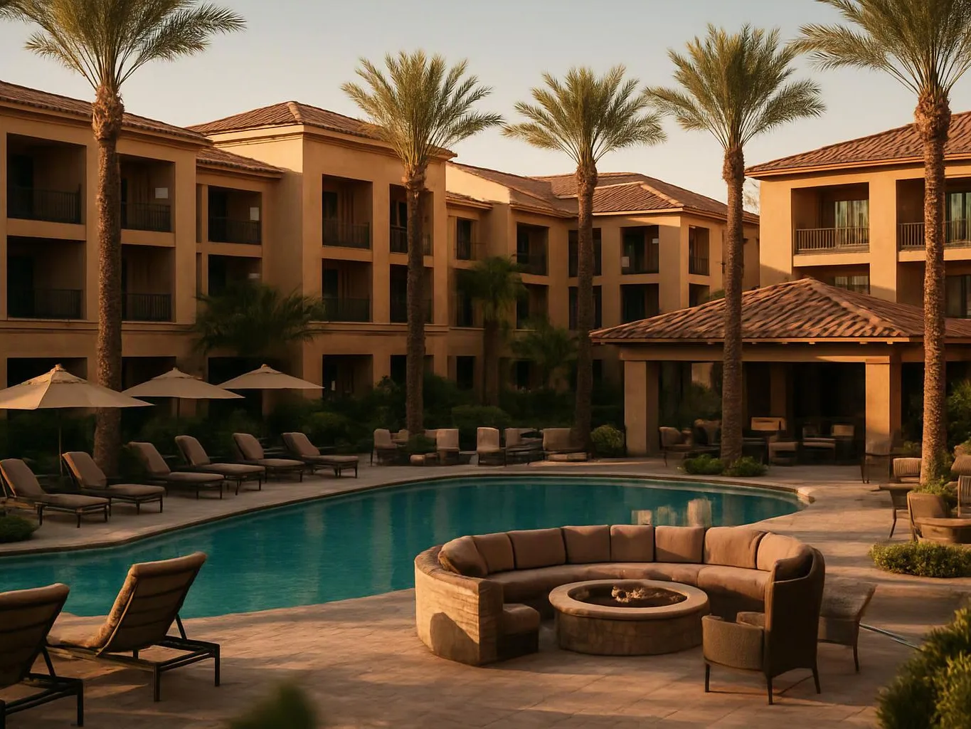 A resort-style pool courtyard with palm trees, lounge chairs, umbrellas, and a fire pit sits between tan buildings