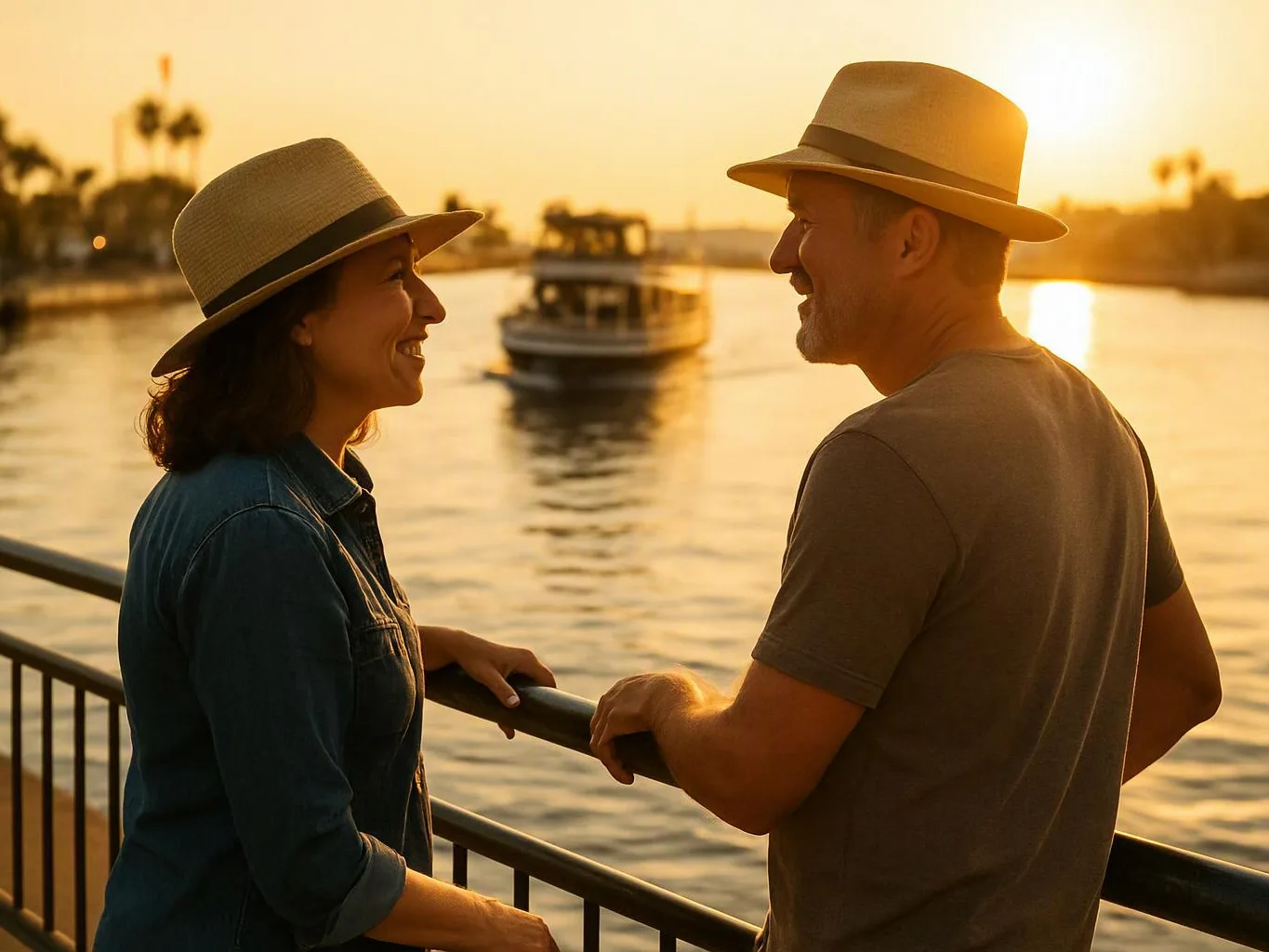 A smiling couple in hats talks beside a river at sunset, with a boat passing behind them