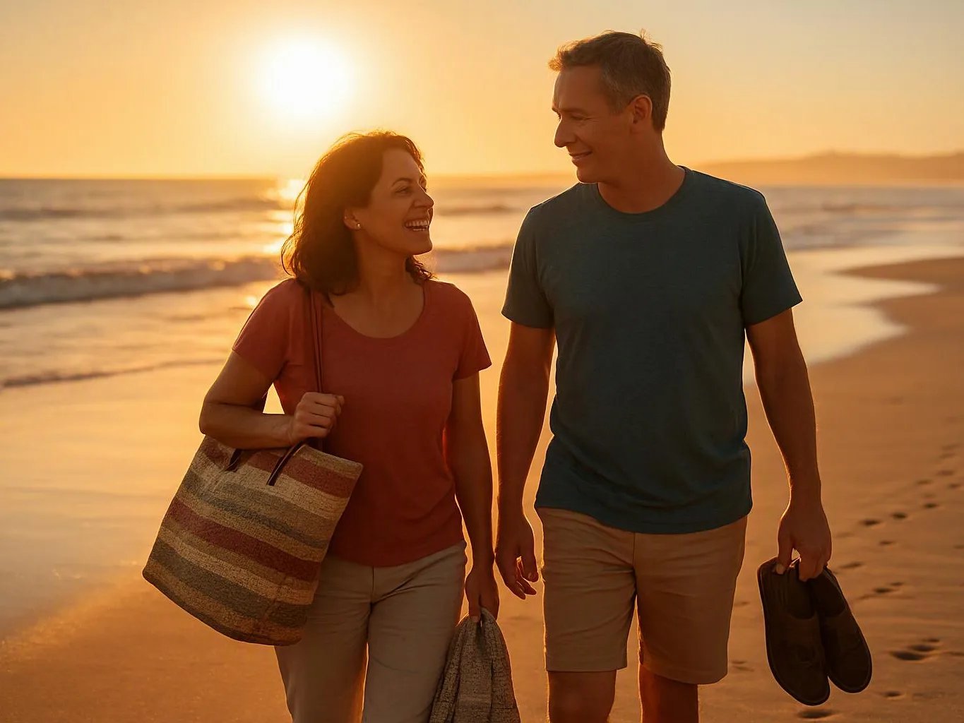 A smiling couple walks along a beach at sunset, carrying a tote bag and shoes