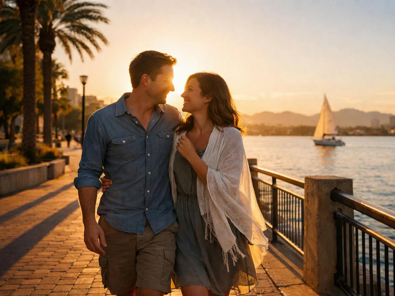 A smiling couple walks arm in arm along a waterfront promenade at sunset, with a sailboat on the water