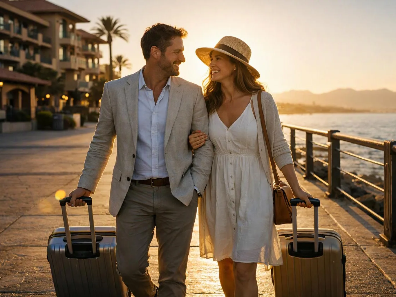 A smiling couple walks arm in arm along a waterfront promenade, each pulling a suitcase at sunset