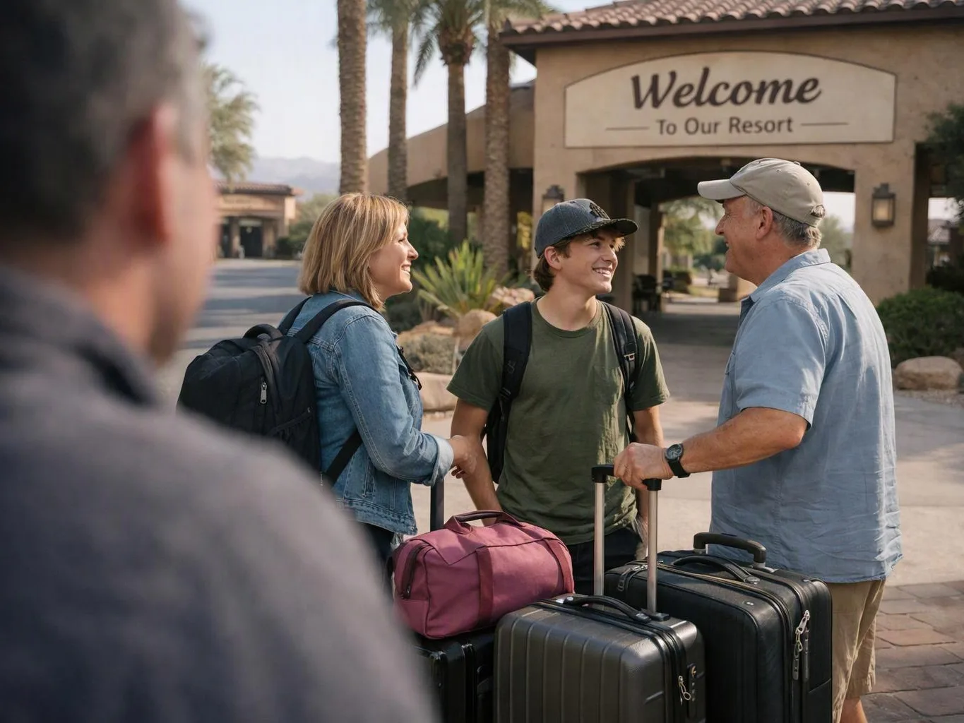A smiling family with luggage talks outside a resort entrance under a large welcome sign