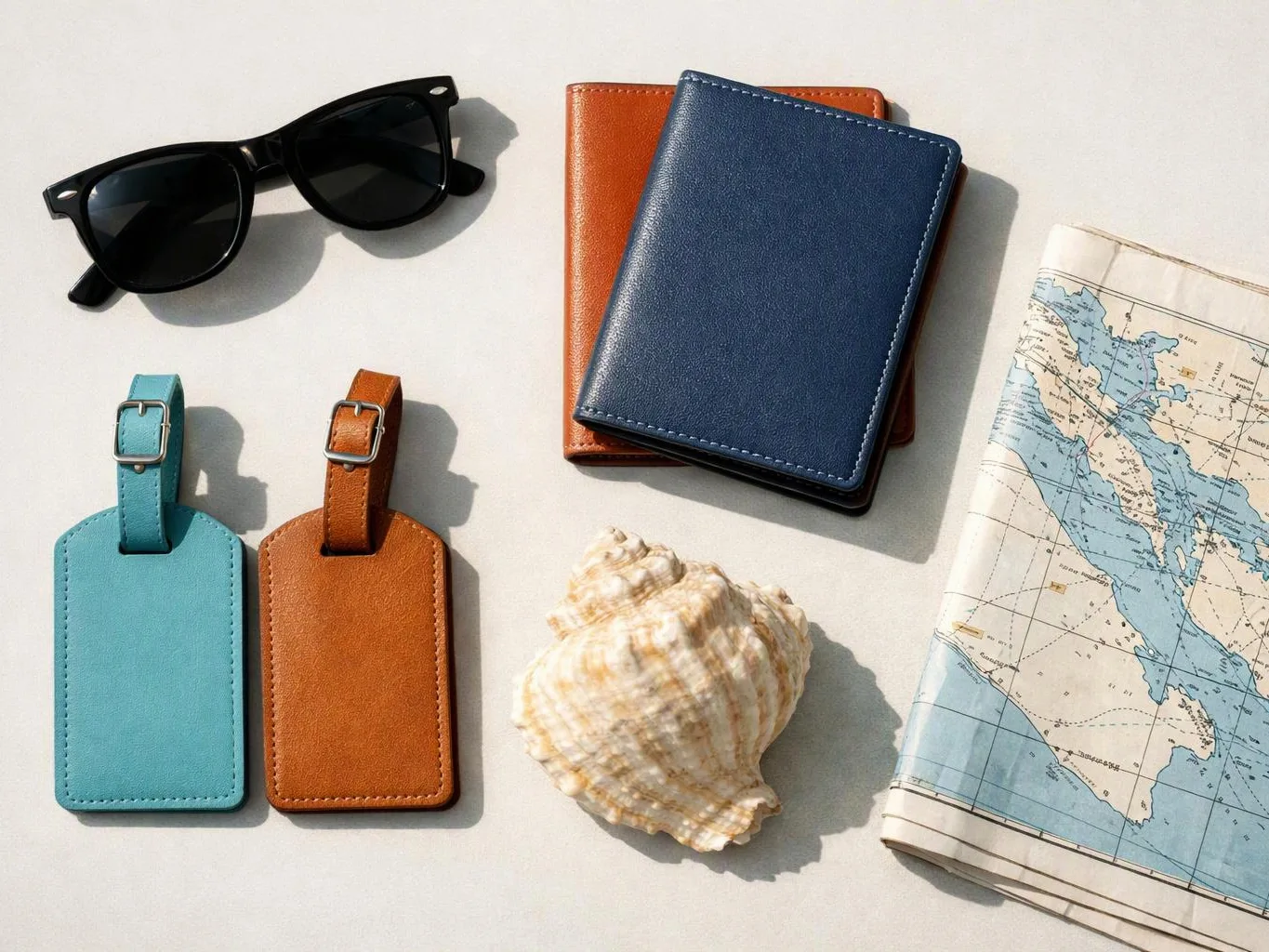 Sunglasses, luggage tags, passports, a seashell, and a folded map rest on a bright surface