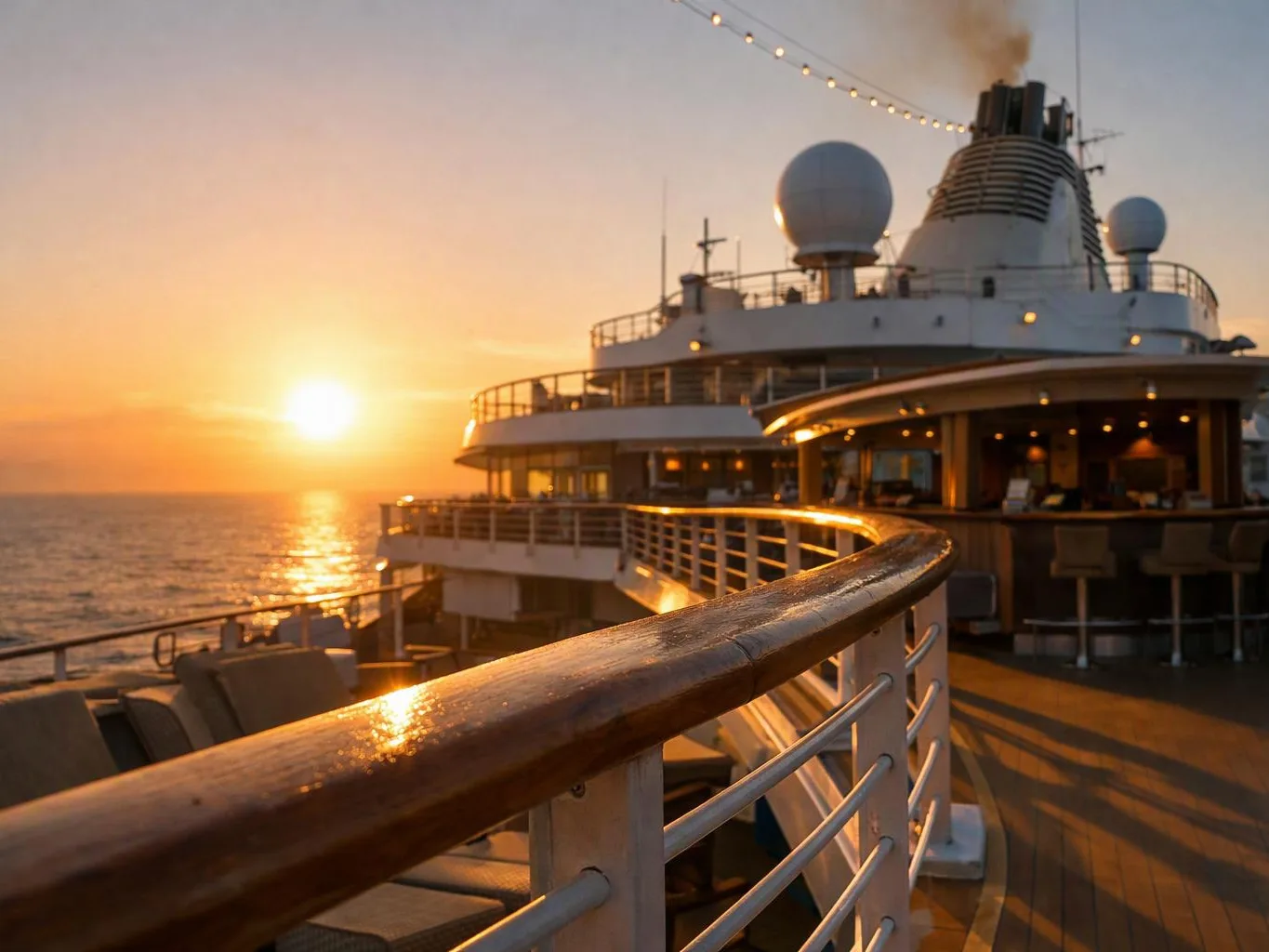 Sunset light glows over a ship deck with railings, lounge chairs, and smoke rising from the funnel