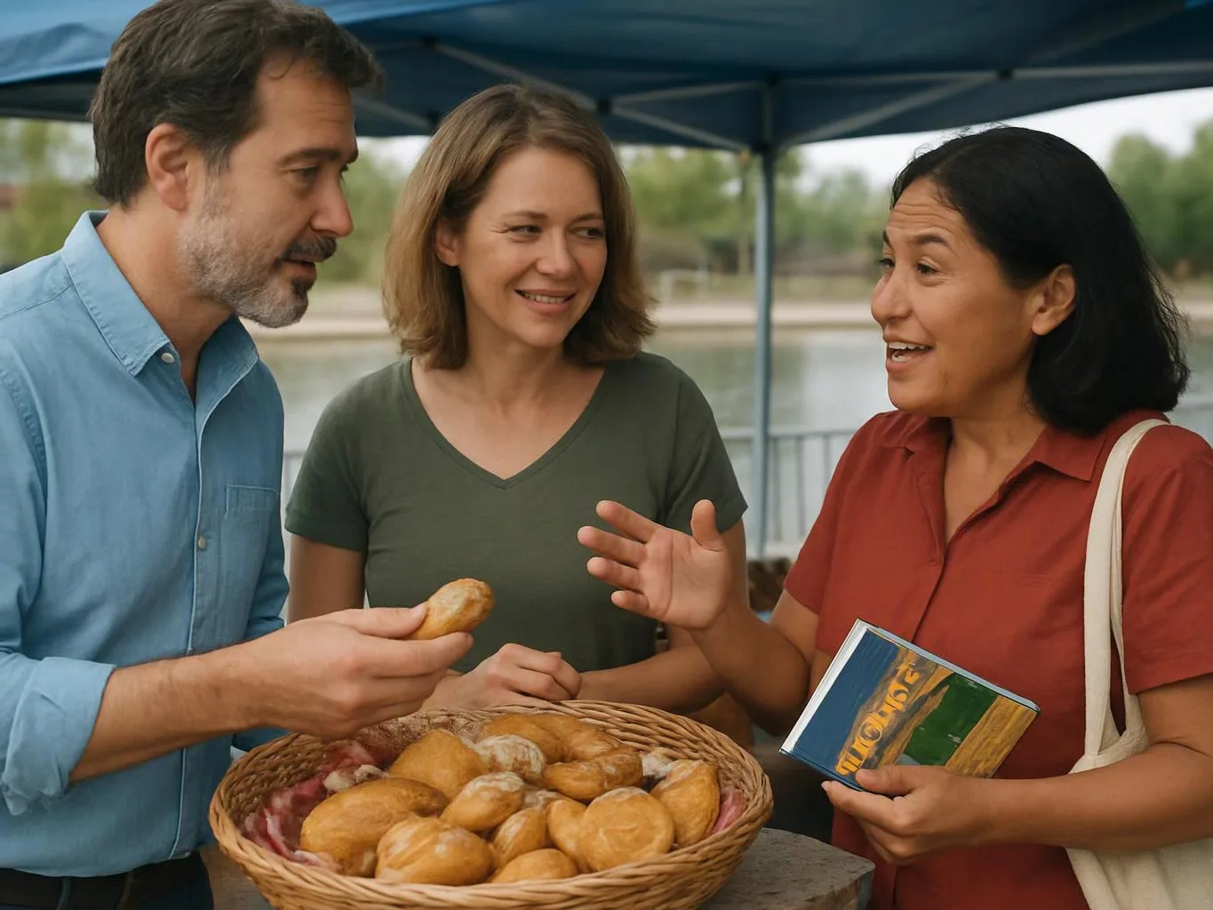 Three adults chat under a blue canopy while sharing bread from a wicker basket near the water