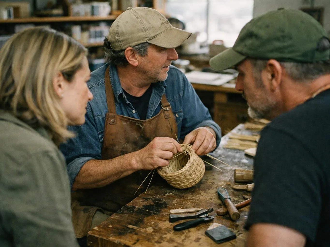 Three adults sit around a workbench, watching a man weave a small basket in a workshop