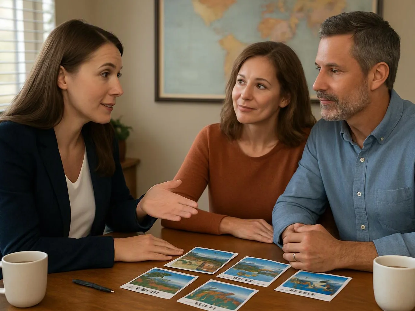 Three adults sit at a table discussing printed landscape photos in a bright room