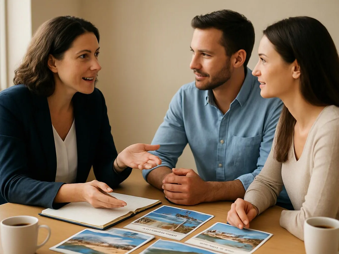 Three adults sit at a table, talking over photos, a notebook, and coffee cups in a bright room