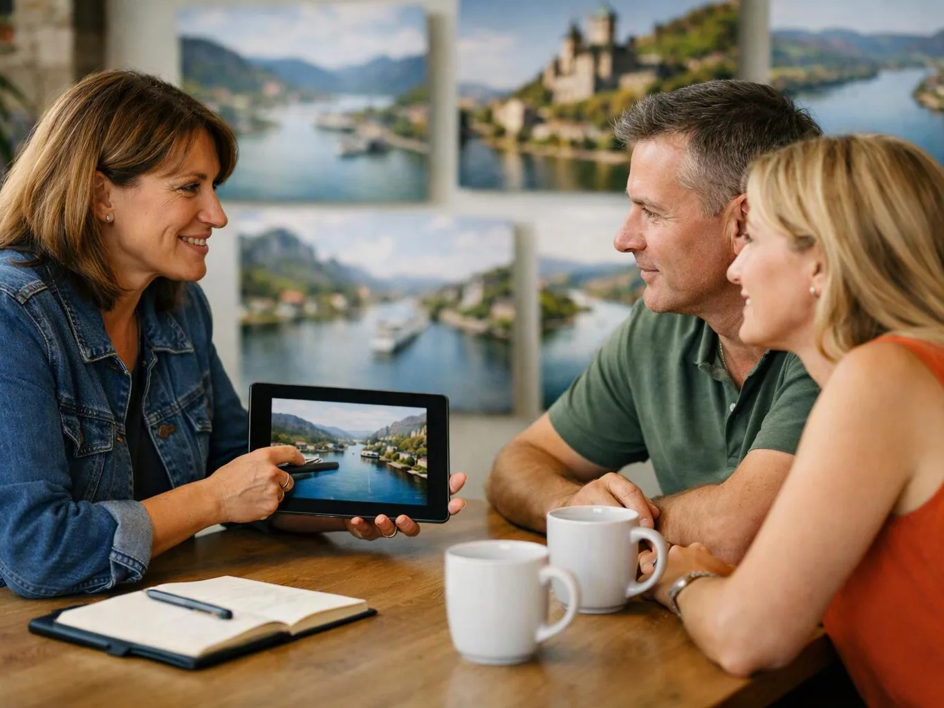 Three adults talk at a table while one woman shows a tablet with a river view photo