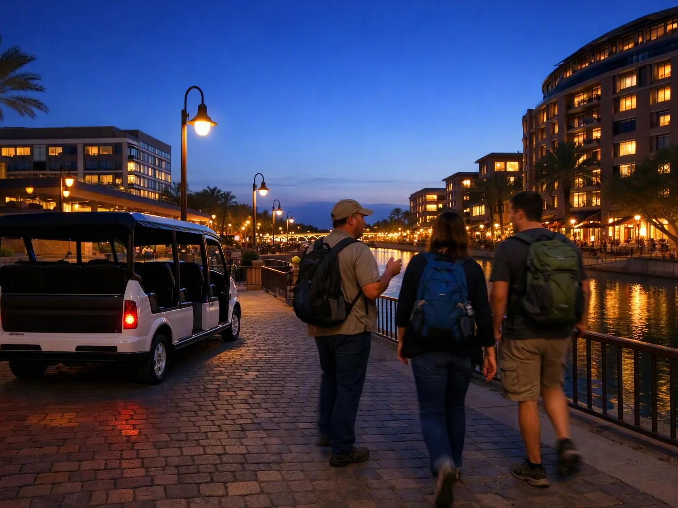 Three backpacked adults walk beside a lit canal at dusk, with a parked shuttle on the left and glowing buildings around them