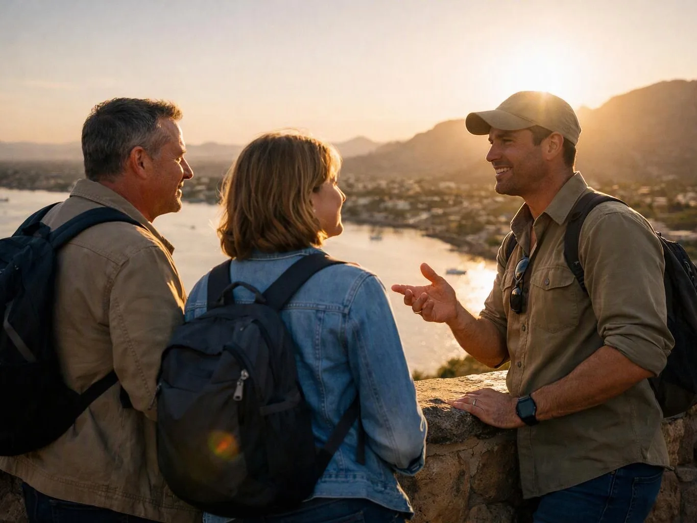 Three hikers chat beside a stone wall at sunset above a bay and mountains