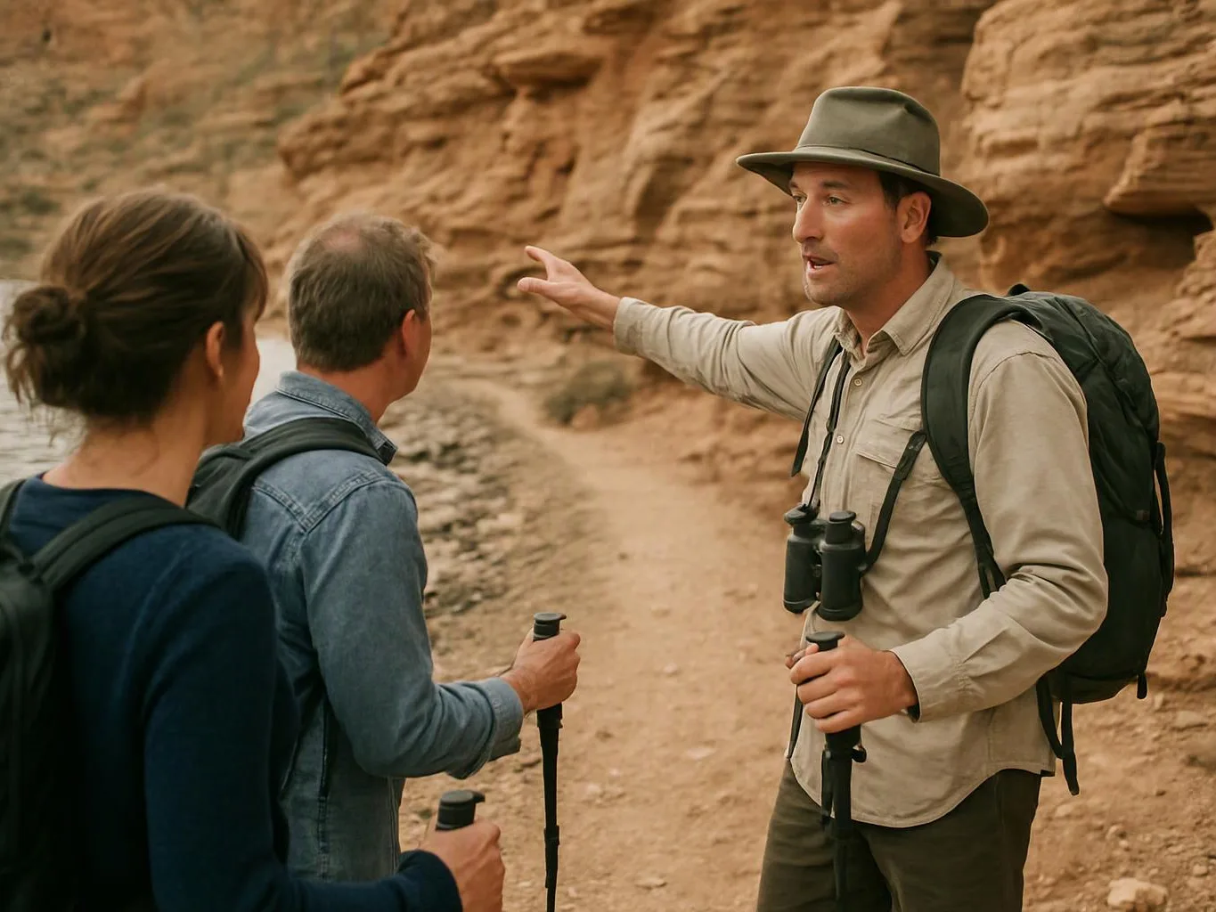 Three hikers stand on a rocky desert trail while one man points ahead and speaks