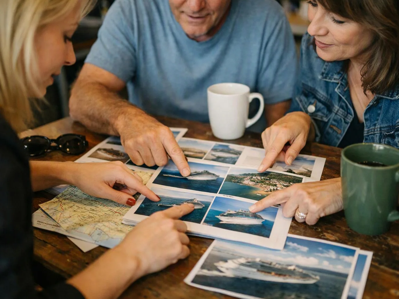 Three people point at cruise ship photos and a map spread across a wooden table with mugs around them