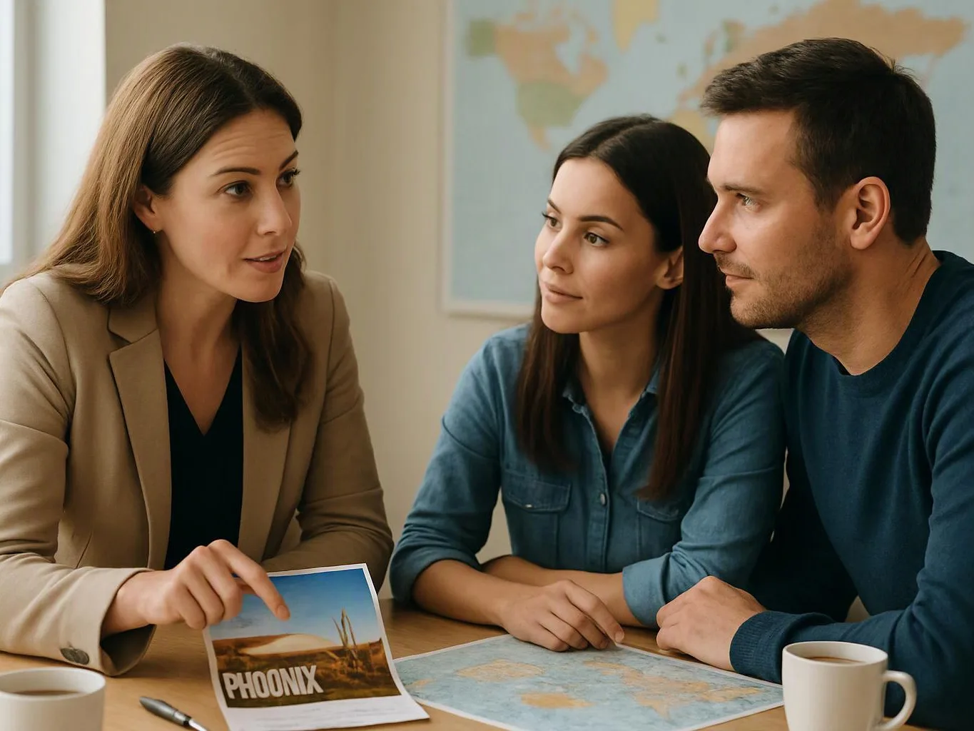 Three people sit at a table as a woman points at a printed travel photo and map in a bright room