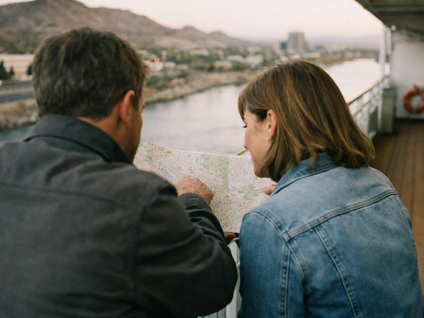 Two people on a boat study a paper map while looking over a river and mountains