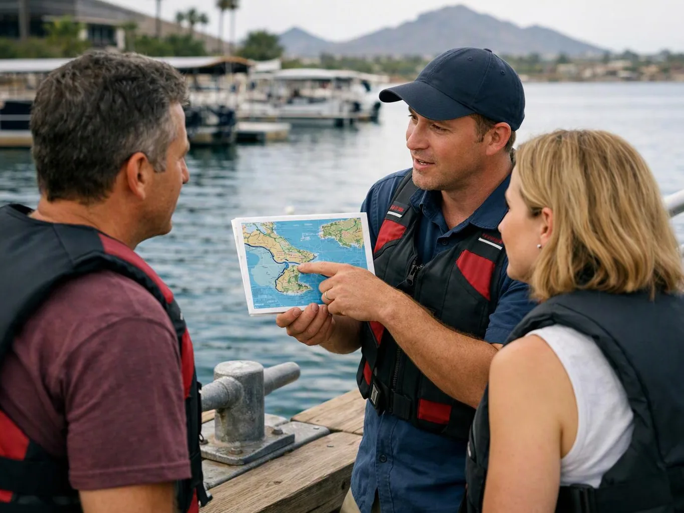 Two people in life vests listen as a man points to a map on a dock by the water
