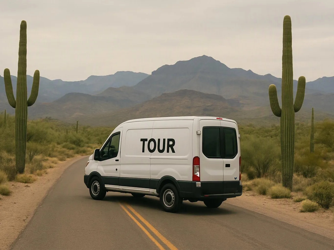 A white tour van drives down a desert road between tall cacti and distant mountains