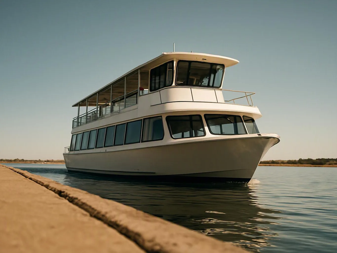 A white two-deck passenger boat floats beside a concrete dock on calm water under a clear sky