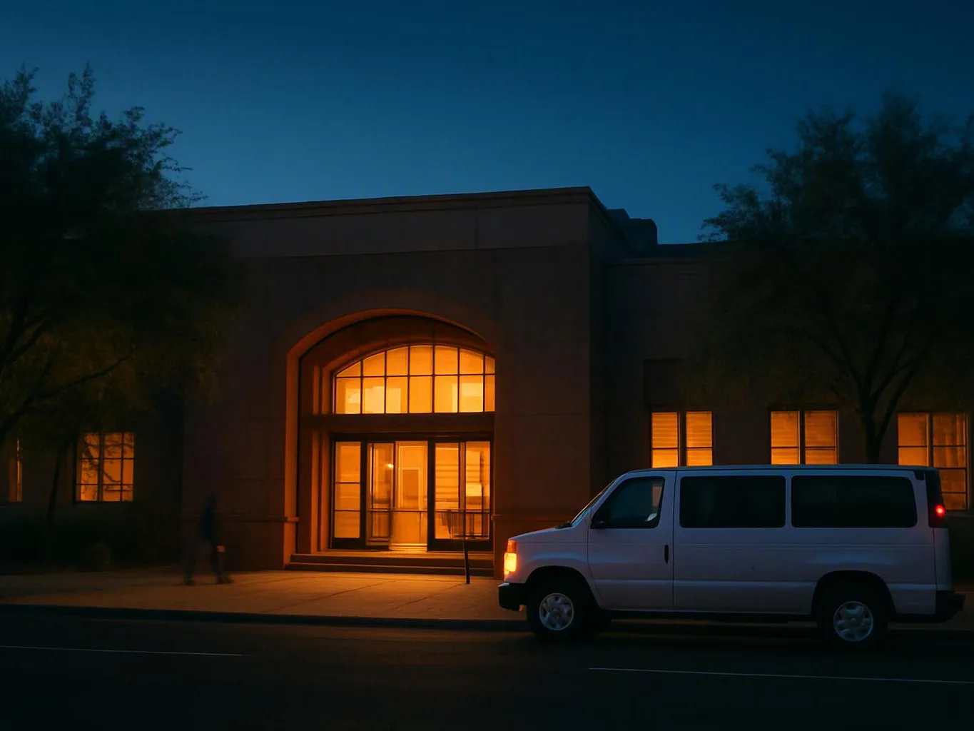 A white van sits outside a dim building with glowing windows at dusk