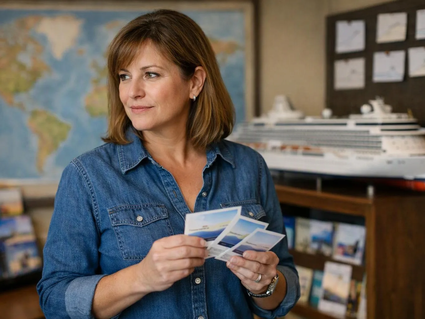 A woman in a denim shirt holds travel postcards in front of a world map and model cruise ship
