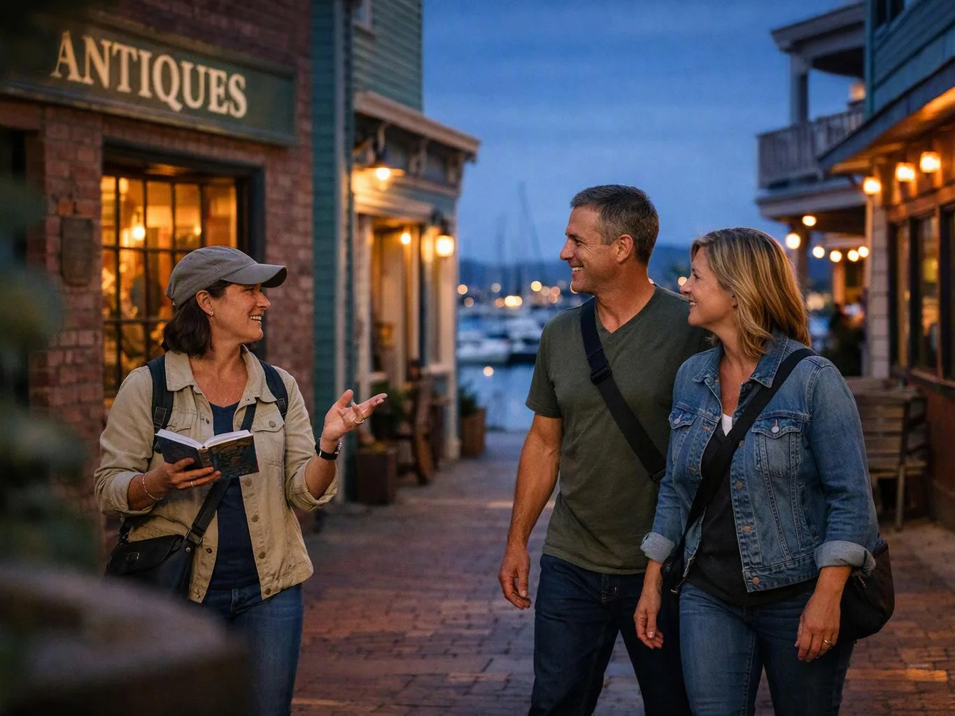 A woman holding a book chats with a smiling couple on a lit waterfront street at dusk
