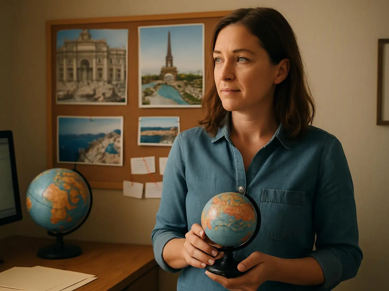 A woman holds a small globe in a room with a corkboard of travel photos and notes behind her