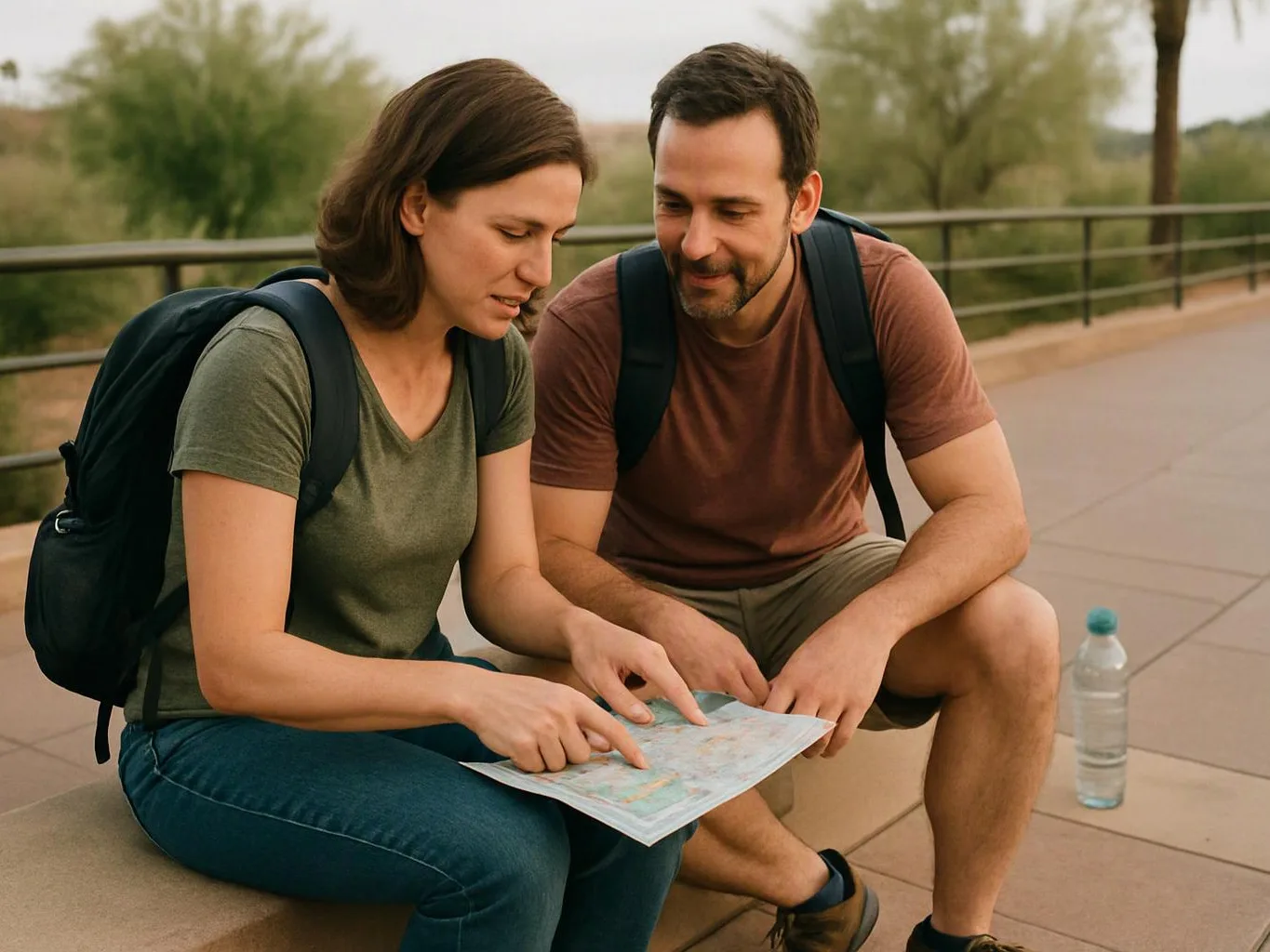 A woman and man with backpacks study a map while sitting on a paved path beside a railing and water bottle