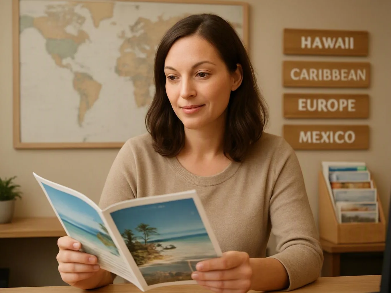 A woman studies a travel brochure at a desk, with a world map and destination signs behind her