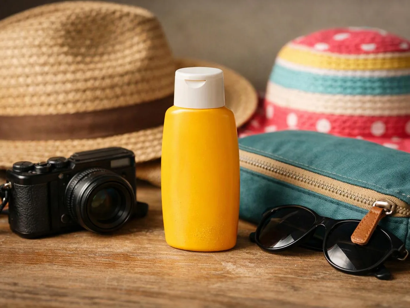 A yellow sunscreen bottle sits between a camera, sunglasses, a zip pouch, and woven hats on a wooden table